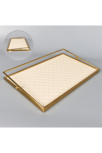 Generic Faux Leather Serving Tray 47x30 cm Beige with Copper Steel Frame