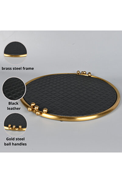 Generic Round Serving Tray Black Leather 43 cm