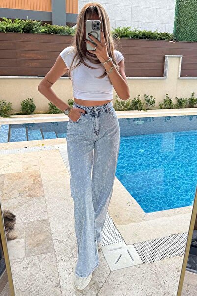 My Loore Γυναικείο τζιν παντελόνι με λεπτομέρειες από πέτρα, ψηλόμεσο, φαρδύ ...