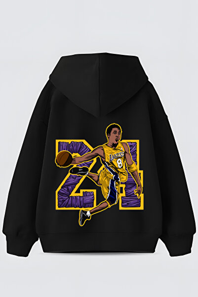 FUWEAR Lakers Serisi Kobe 24 Baskılı Siyah Kapüşonlu Sweatshirt - Premium Kal...