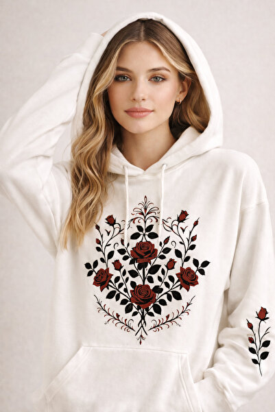 ocke Women's White Hooded Rose Printed Kangaroo Pocket Hoodie