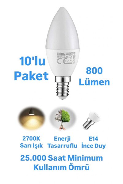 repplam 10 Adet 8W Buji Led Ampul Sarı Işık 800 Lümen İnce Duylu Ampul Mum Ampul