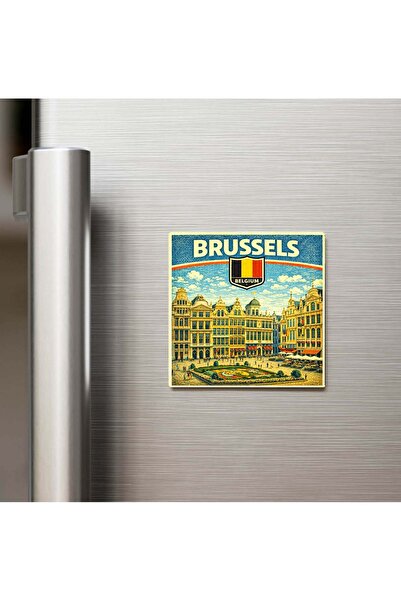 iBerk Retro Belçika Brüksel Şehri Temalı Vintage Baskılı Buzdolap Magneti Kar...
