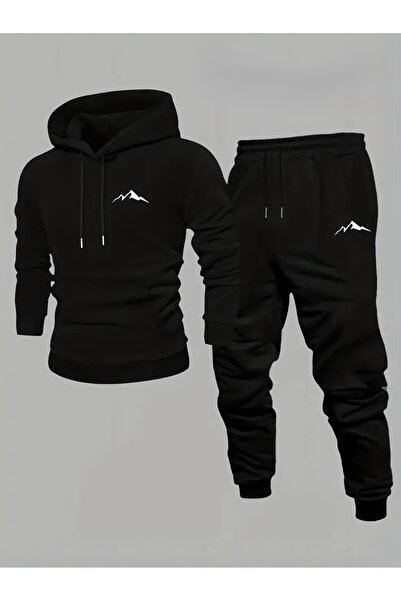 Massgai Unisex Mountain Dağ Printed Hooded Oversized Bottom-Top Set Jogger Cotton Tracksuit Set