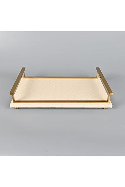 Generic Rectangular Serving Tray 40x26 cm Beige Leather with Copper Steel Frame