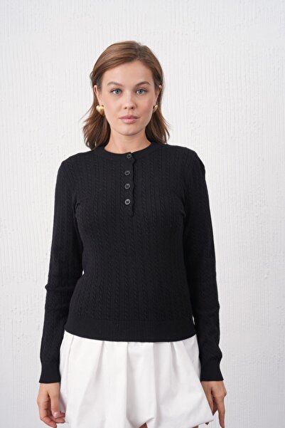 mysimy Crew Neck Half Placket Buttoned Knit Sweater