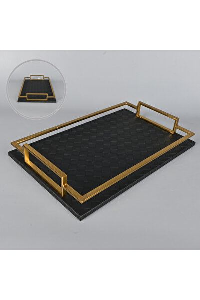 Generic Rectangular Serving Tray with Black Leather and Copper Steel Frame