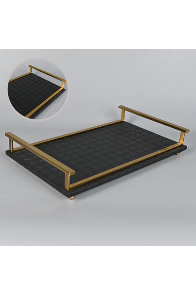 Generic Rectangular Black Leather Serving Tray with Brass Steel Frame