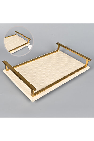 Generic Rectangular Serving Tray 40x26 cm Beige Leather with Copper Frame