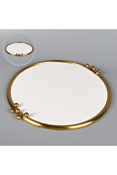 Generic Round Serving Tray Faux Leather Off White with Copper Frame 43 cm
