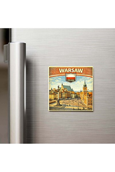 iBerk Retro Polonya Varşova Şehri Temalı Vintage Baskılı Buzdolap Magneti Kar...