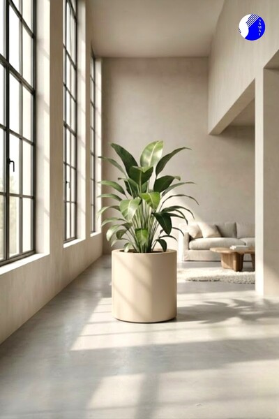 SAMAT Bej Silindir Fiber Saksı 50x50 cm - Büyük Boy Dekoratif İç Mekan/Dış Mekan