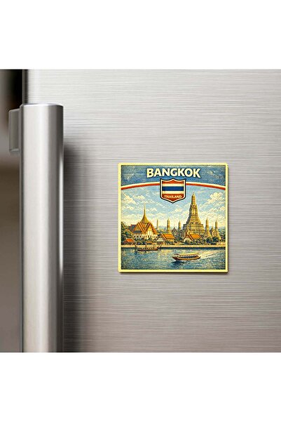 iBerk Retro Tayland Bangkok Şehri Temalı Vintage Baskılı Buzdolap Magneti Kar...