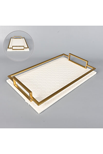 Generic Rectangular Serving Tray Faux Leather Off White 45x28 cm with Copper Steel Frame