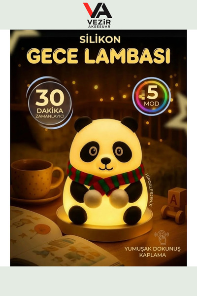 BUFFER®PX Sevimli Panda Figürlü LED Gece Lambası – 5 Renk Geçişli, Şarjlı, Ço...