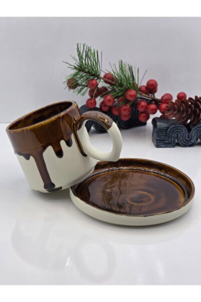 atolye okyanus Stoneware Drip Glaze Kahve Fincanı & Tabak Seti | El Yapımı Se...