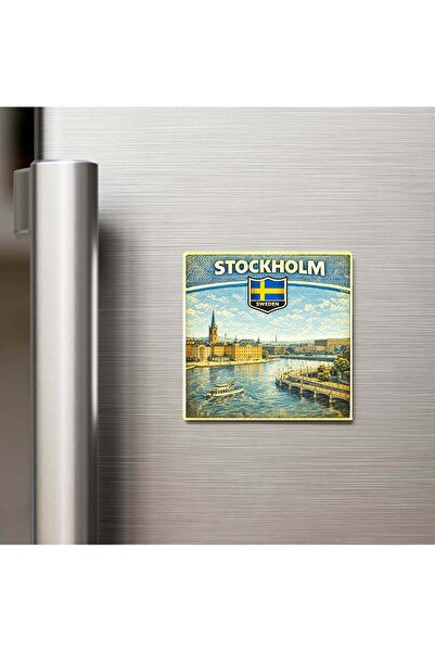 iBerk Retro İsveç Stockholm Şehri Temalı Vintage Baskılı Buzdolap Magneti Kar...