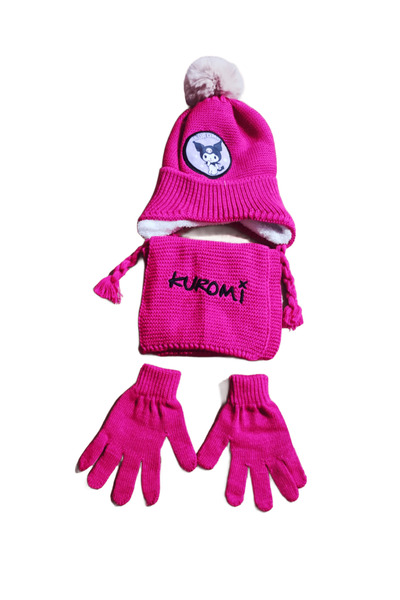 FuryaTedarik Kuromi Set: Kuromi Character Light-Up and Fleece Girls' Scarf, Beanie, and Gloves Set - Fuchsia
