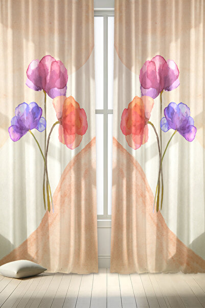 depdekor Dekoratif Baskıılı Çiçek Desenli Salon Mutfak Fon Perdesi (TEK KANAT...