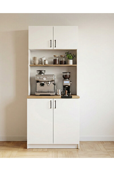 Barida Sanat %100 MDF Kahve Köşesi Dolabı | Antik Light & Beyaz | 180cm | Çok...