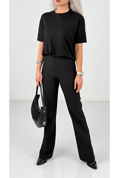 KAROL Siyah Kadın Yüksek Bel İspanyol Paça Kumaş Pantolon – Toparlayıcı, Raha...