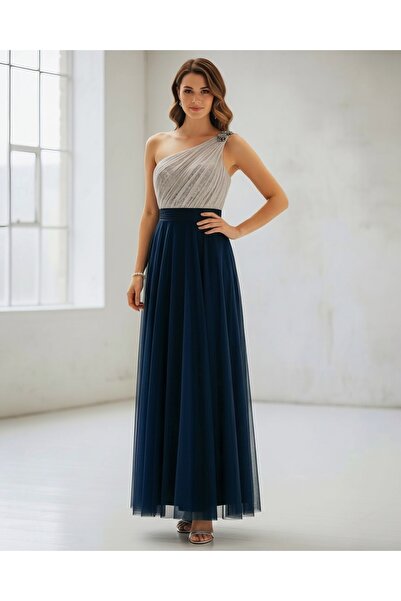 MsfashionX One-Shoulder Elegant Evening Gown Tulle Dress