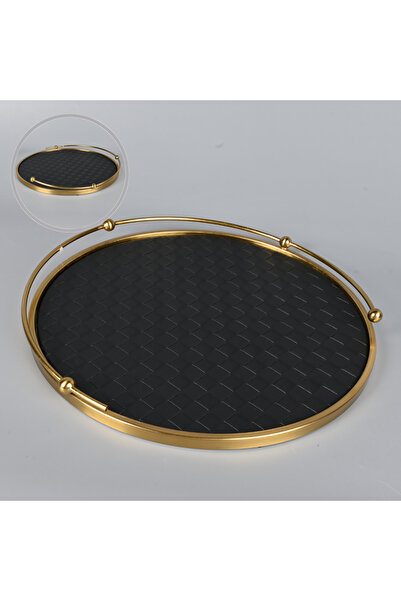 Generic Round Serving Tray 42 cm with Black Faux Leather Surface and Copper Steel Frame