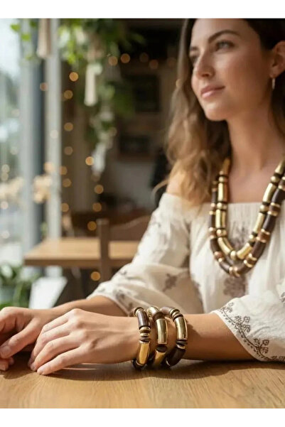 Dorvina 3-Piece Wooden and Gold Beaded Equivalent Design Bijouterie Women's Bracelet