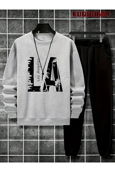 Massgai Unisex Los Angeles California Printed Crew Neck Oversized Bottom-Top Jogger Cotton Tracksuit Set