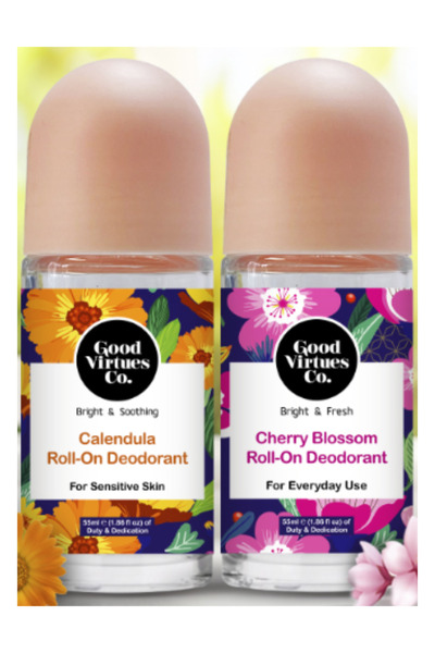 Good Virtues Co. Cherry Blossom Roll-On Deodorant and Calendula Blossom Roll-On Deodorant 55ml