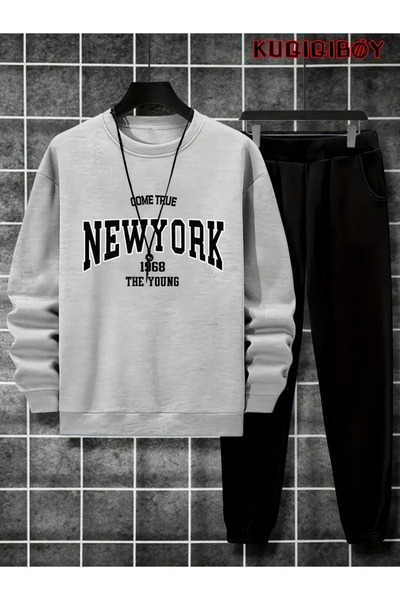 Massgai Unisex New York Printed Crew Neck Oversized Bottom-Top Set Jogger Cotton Tracksuit Set