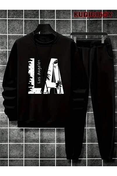 Massgai Unisex Los Angeles California Printed Crew Neck Oversized Bottom-Top Jogger Cotton Tracksuit Set