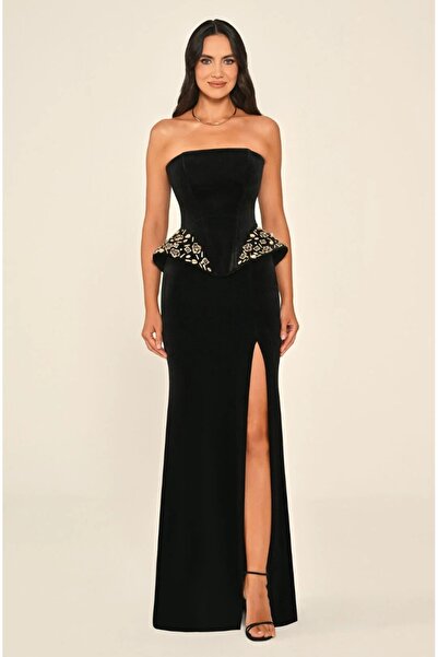 ALFABETA Strapless Velvet Long Dress with Accessories on the Sides and Slits
