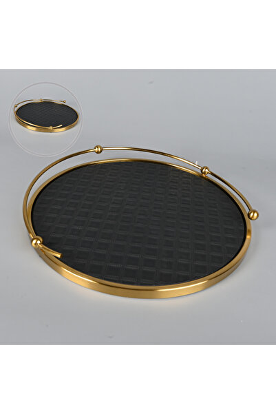 Generic Round Serving Tray Black Faux Leather with Copper Steel Frame