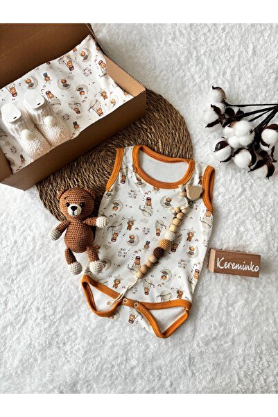 Kereminko Bebek Welcome Baby Gift |   Orange Bear Bodysuit and Blanket, Amigu...