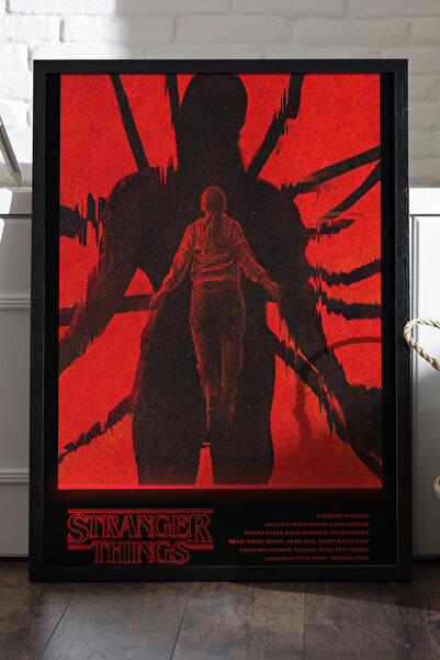 Duvarda Stranger Things Siyah Ahşap Çerçeveli Poster, Dizi Duvar Tablosu