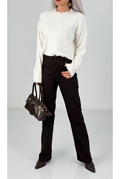 KAROL Kahve Yüksek Bel Rahat Kesim Düz Paça Jean