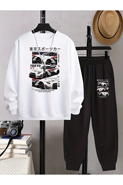 Massgai Unisex Tokyo Racing Cars Printed Crew Neck Oversized Bottom-Top Set Jogger Cotton Tracksuit Set