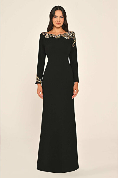 ALFABETA Long Sleeve Stone Low-cut Crepe Long Dress