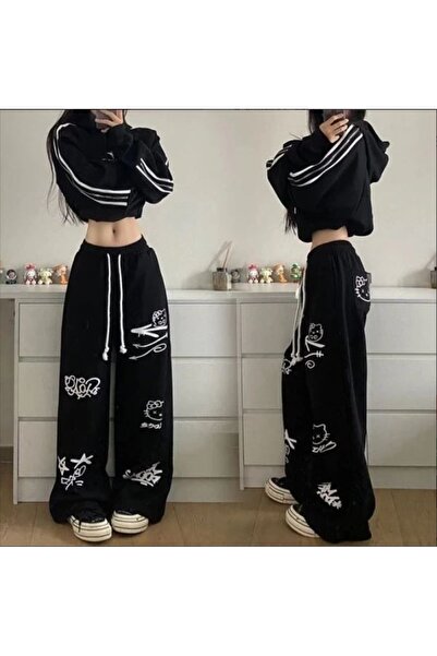 DENOKMODA Hello Graffiti Kitty Printed Wide Leg Sweatpants / Trousers