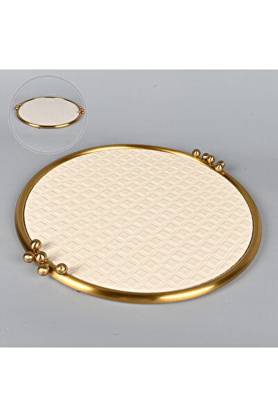 Generic Round Serving Tray Beige Leather 43 cm