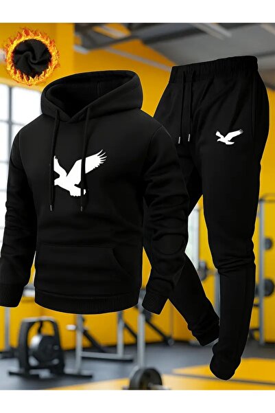 Massgai Unisex Kartal Eagle Printed Hooded Oversized Bottom-Top Set Jogger Cotton Tracksuit Set