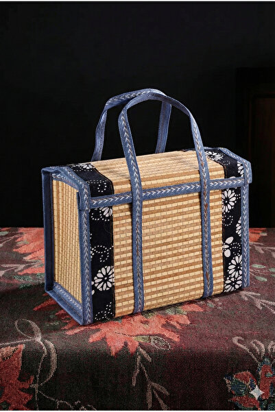 Seram Collection Modern Piknik Dokuma Sepet Hasır Saklama Çantası Kapaklı Bam...