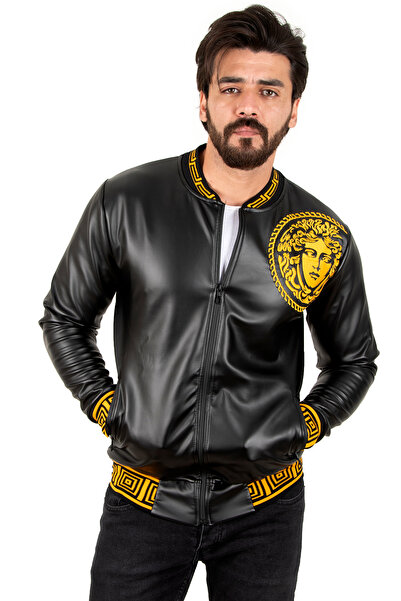 Rizz up Men's Black Medusa Printed Faux Leather Coat 2200368