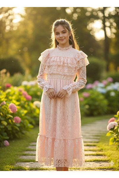 Moda Nest Pudra Pembesi Dantel Kız Çocuk Elbisesi Uzun Kollu Midi Zarif Özel Gün