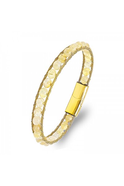 AKSESUARIM Men's Titanium Locked Citrine Natural Stone and 316L Steel Rope Knitted Bracelet