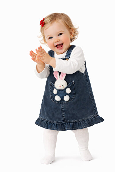 my koala Kız Bebek Kot Salopet Elbise Tavşan Detaylı, Uzun Kollu Bluzlu Takım