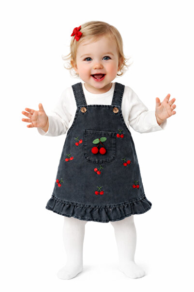 my koala Baby Girl Denim Salopet Dress with Cherry Detail, Long Sleeve Blouse...