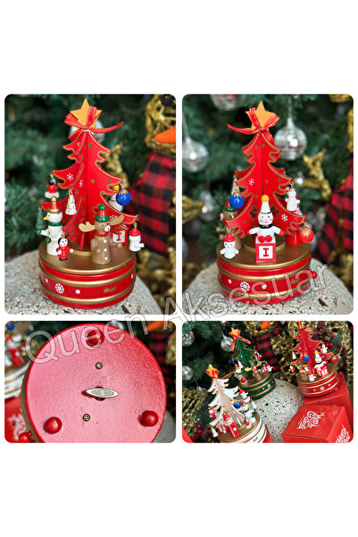 QUEEN AKSESUAR Luxury Wooden Musical Music Box Rotating Pine Tree Gift Decoration Christmas Fancy Tree Red