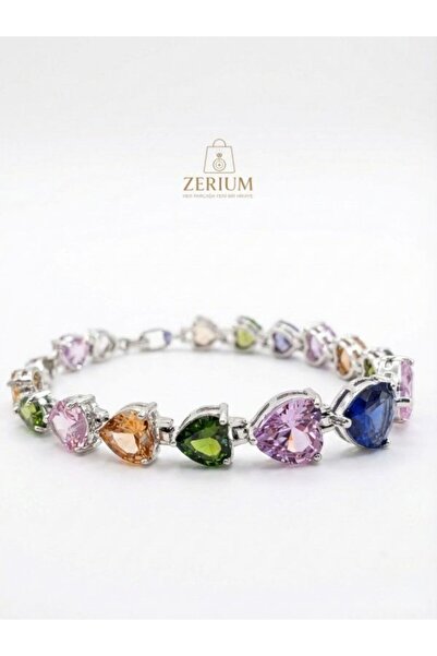 ZERİUM Women's Premium Steel Bracelet Colorful Heart Crystal Stone Stylish Design
